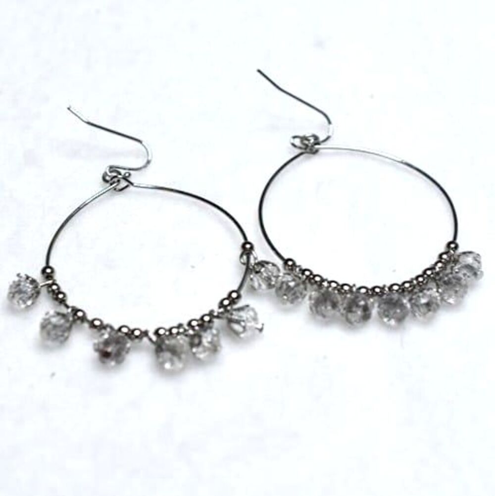 Dazzling Bridesmaid  Crystal Beaded Dangle Silver Tone Hoop Earrings